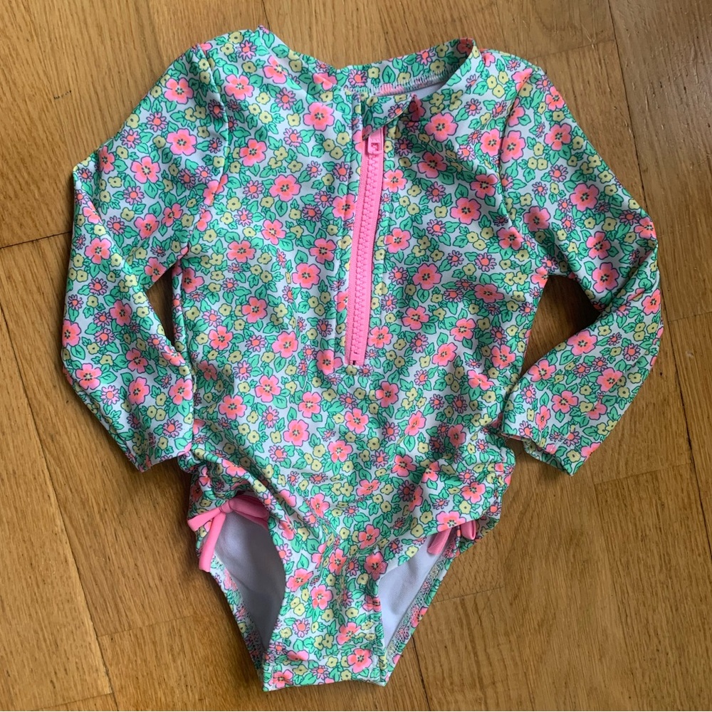 Cat & Jack Girls' Floral Long-Sleeve Rashguard Swimsuit in Hot Pink & Green, 12M